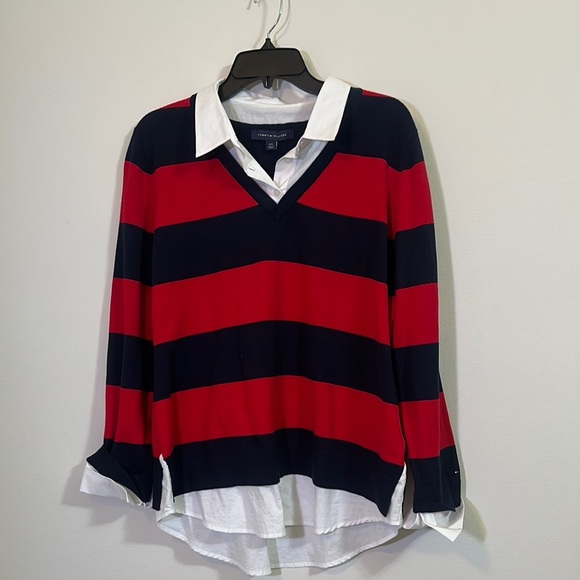 Tommy Hilfiger Navy and Red Layered Look Sweater - Picture 1 of 5